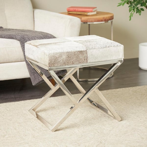 Litton Lane 21 in. Light Gray Leather Stool with Angled Silver Metal Base