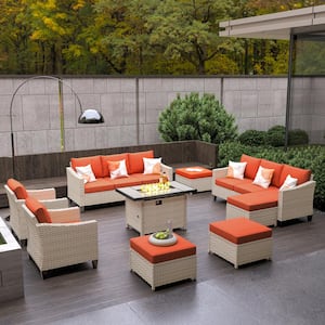 Oconee Beige 9-Piece Modern Outdoor Patio Conversation Sofa Set with a Rectangle Fire Pit and Orange Red Cushions