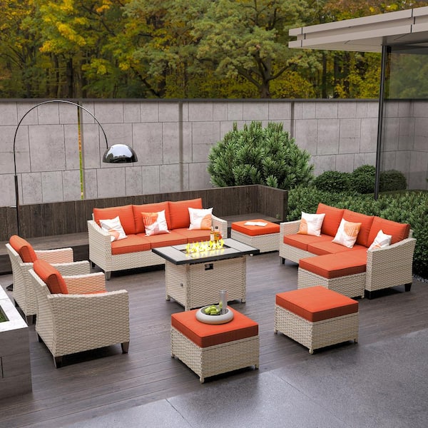 HOOOWOOO Oconee Beige 9-Piece Modern Outdoor Patio Conversation Sofa Set with a Rectangle Fire Pit and Orange Red Cushions
