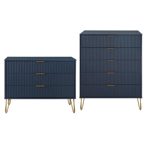 Manhattan Comfort DUMBO Midnight Blue 5-Drawer 35.19 in. Dresser and 3-Drawer 35.19 in. Dresser with SNAP Tool-Free Assembly