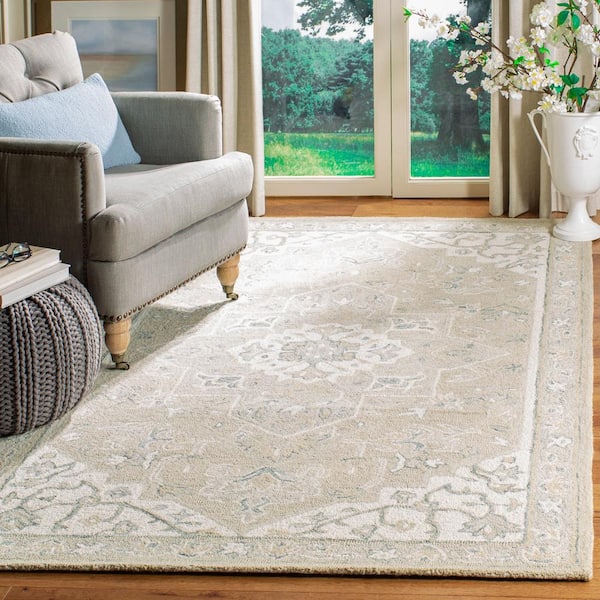Micro-Loop Light Gray/Ivory 9 ft. x 12 ft. Medallion Border Area Rug