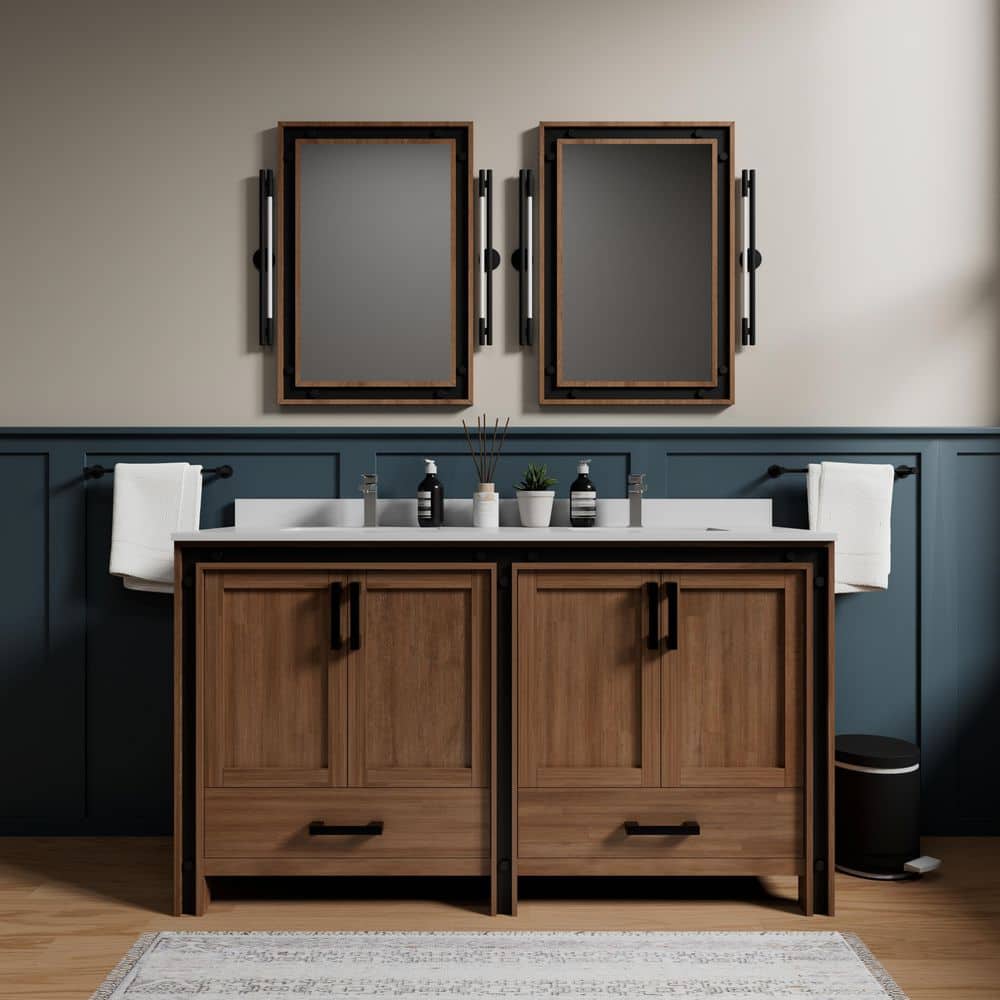 Ziva 60 in W x 22 in D Rustic Barnwood Double Bath Vanity, White Quartz Top and Faucet Set price history on PriceWatchPro