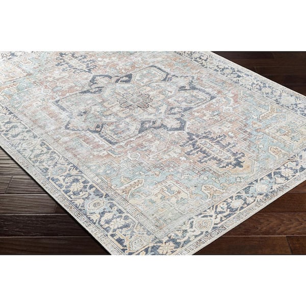 Santi Green and Grey Traditional Distressed Washable Rug