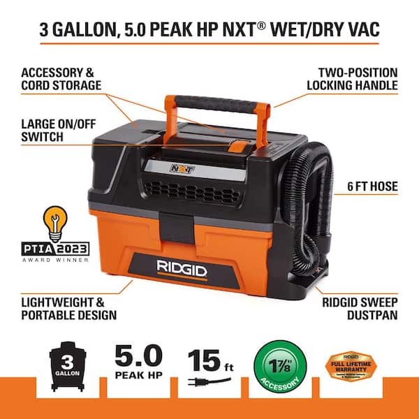 RIDGID HD0300 3 Gallon 5.0 Peak HP NXT Wet/Dry Shop Vacuum with Filter,  Expandable Locking Hose and Accessories –