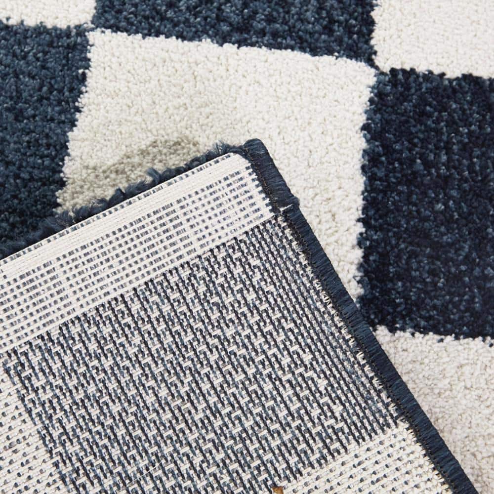 Blue and White Checkered Synthetic Area Rug 5'3" x 7'