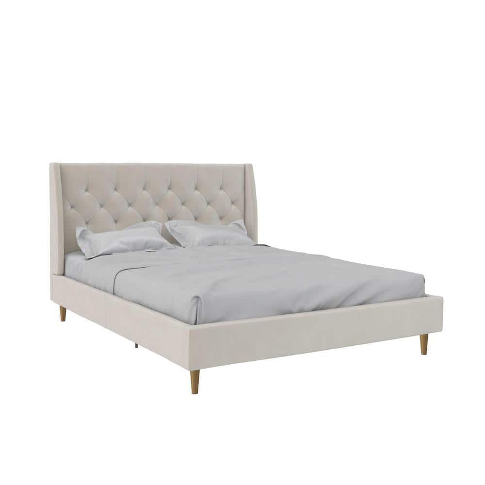 Queen Her Majesty Upholstered Bed Ivory Velvet - Paris Hilton X The Novogratz: Diamond Tufted, Wingback Design