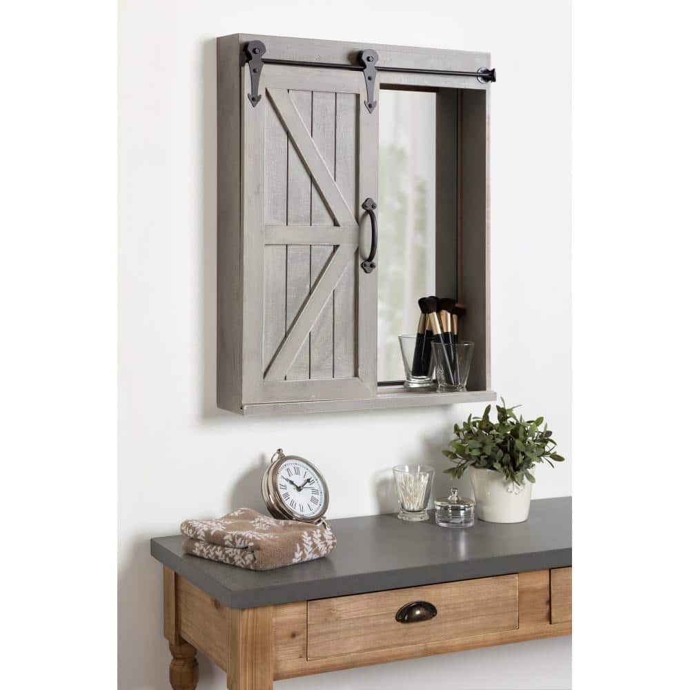 Rustic Gray Farmhouse Vanity Mirror Cabinet with Sliding Barn Door