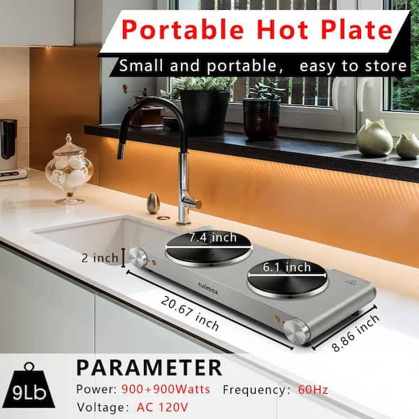 Portable 2-Burner 7.4 in. Silver Electric Stove 1800-Watt Hot Plate Wi
