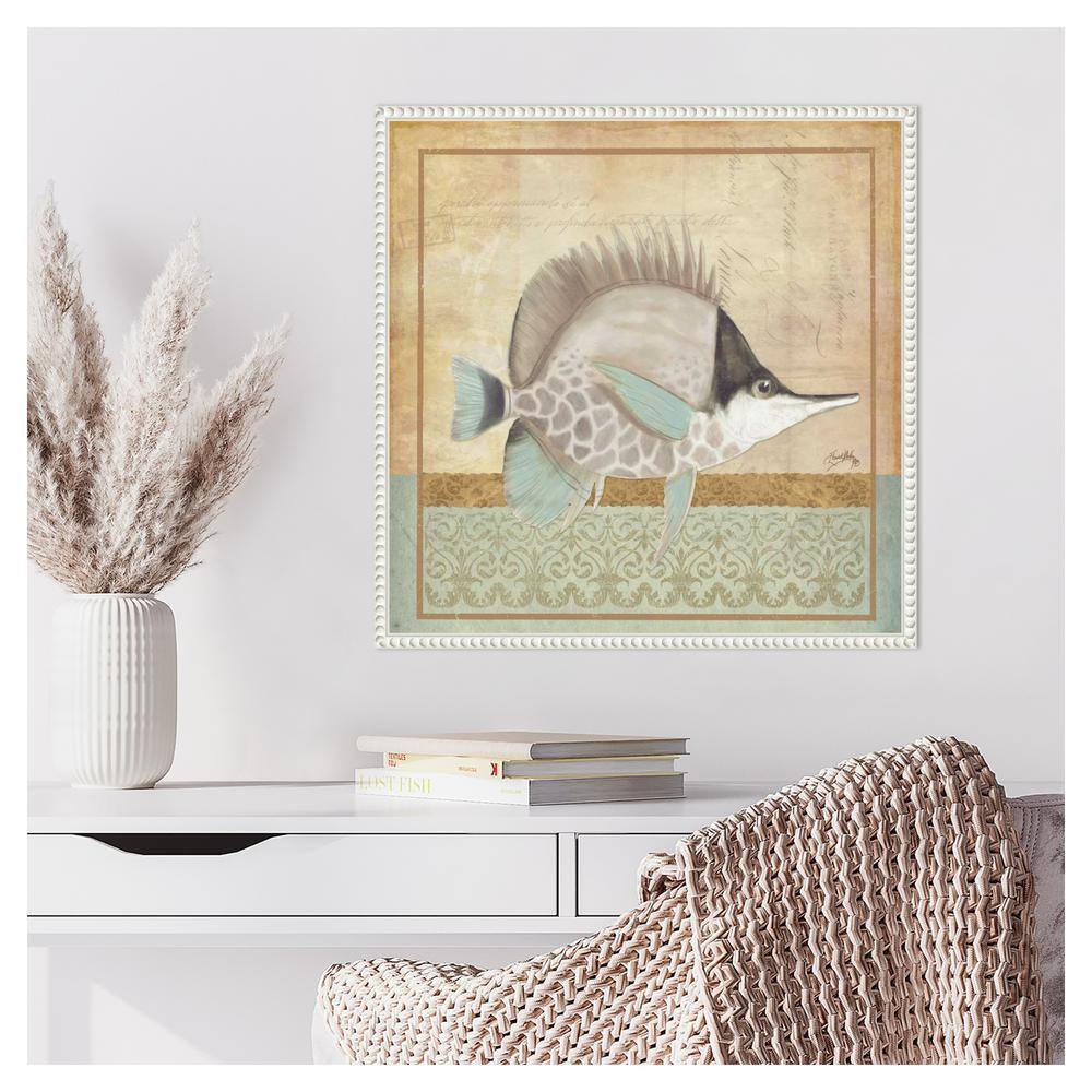 Vintage Fish IV Coastal Canvas Wall Art in White Frame