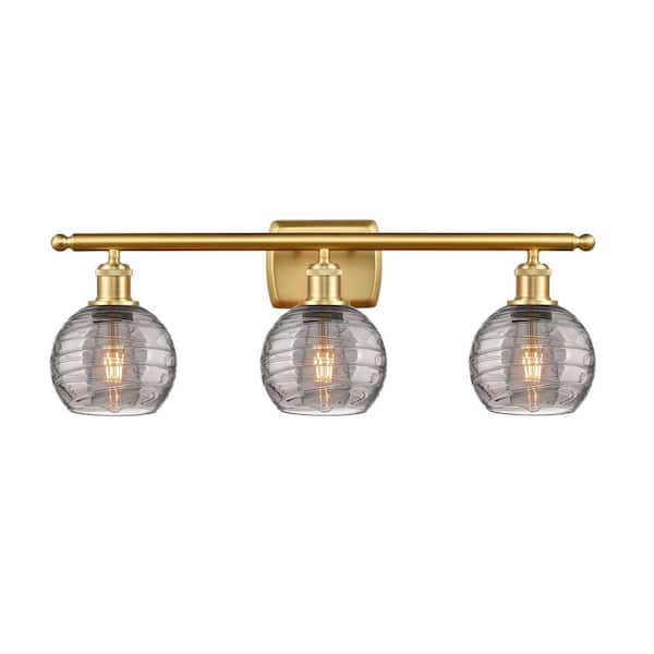 Athens Deco Swirl 25.88 in. 3-Light Satin Gold Vanity Light with Glass Shade