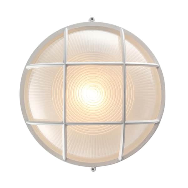 Aria 10 in. 1-Light White Round Bulkhead Outdoor Wall Light Fixture with Frosted Glass