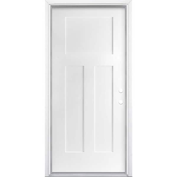 Masonite Winslow 36 in. x 80 in. 3 Panel Left-Hand/Inswing Primed White Smooth Fiberglass Prehung Front Door with Wood Frame