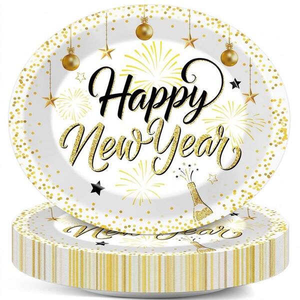 50-Pack 11 in Black and Gold Oval Disposable Paper Plates for New Year’s Eve Party and Holiday Gatherings