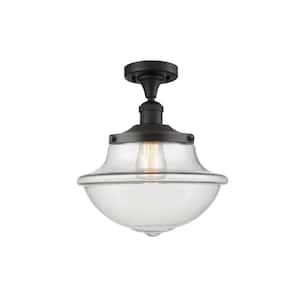 Oxford 11.75 in. 1-Light Matte Black Semi-Flush Mount with Clear Glass Shade