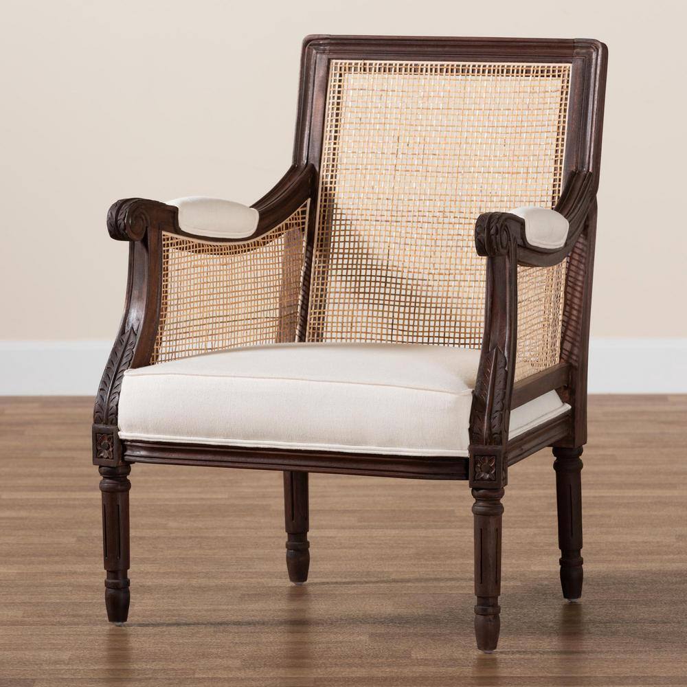 French Provincial Dark Brown Wood and Beige Fabric Accent Chair