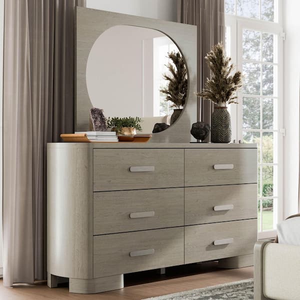 Susan White Oak 6-Drawer 70 in. Dresser with Mirror and Oval Nickel Handles