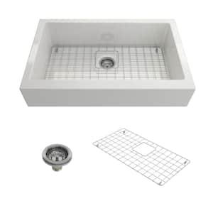 Nuova Pro 34 in. Short Apron Drop-In/Undermount Single Bowl White Fireclay Kitchen Sink with Grid in. Strainer