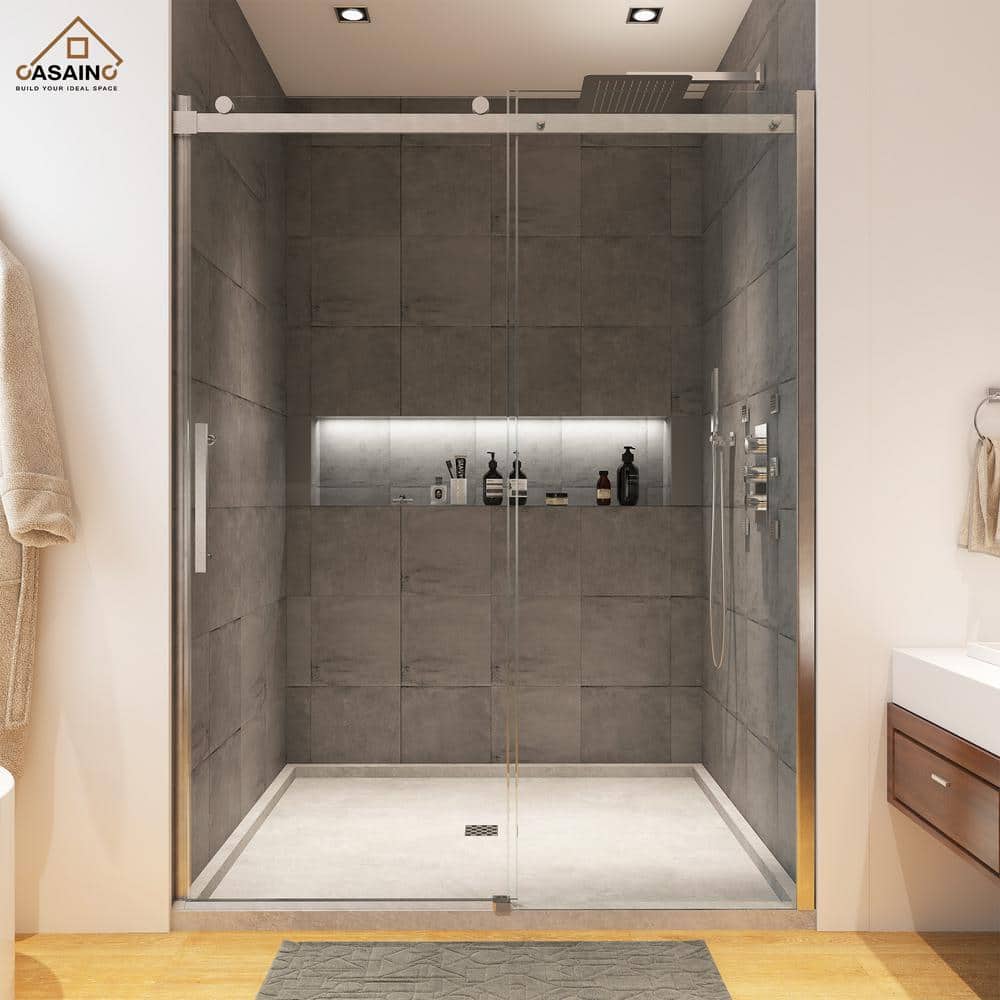 CASAINC Frameless Double Shower Door, 48 Width, 76 Height, 5/16(8mm)  Thick Clear Tempered Glass, Brushed Nickel Finish, Water Repellent 