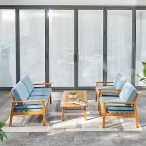 Teak-like 4-Piece Patio Sofa solid Eucalyptus Hardwood Conversation Set with Medium Turquoise Cushions