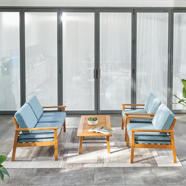 Aoibox Teak-like 4-Piece Patio Sofa solid Eucalyptus Hardwood Conversation Set with Medium Turquoise Cushions