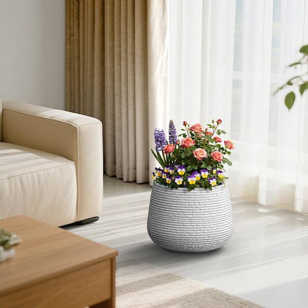 18 in. Large Pearl White(Upgraded Interior) Concrete Round Planter / Pot with Draiange Holes for Indoor and Outdoor