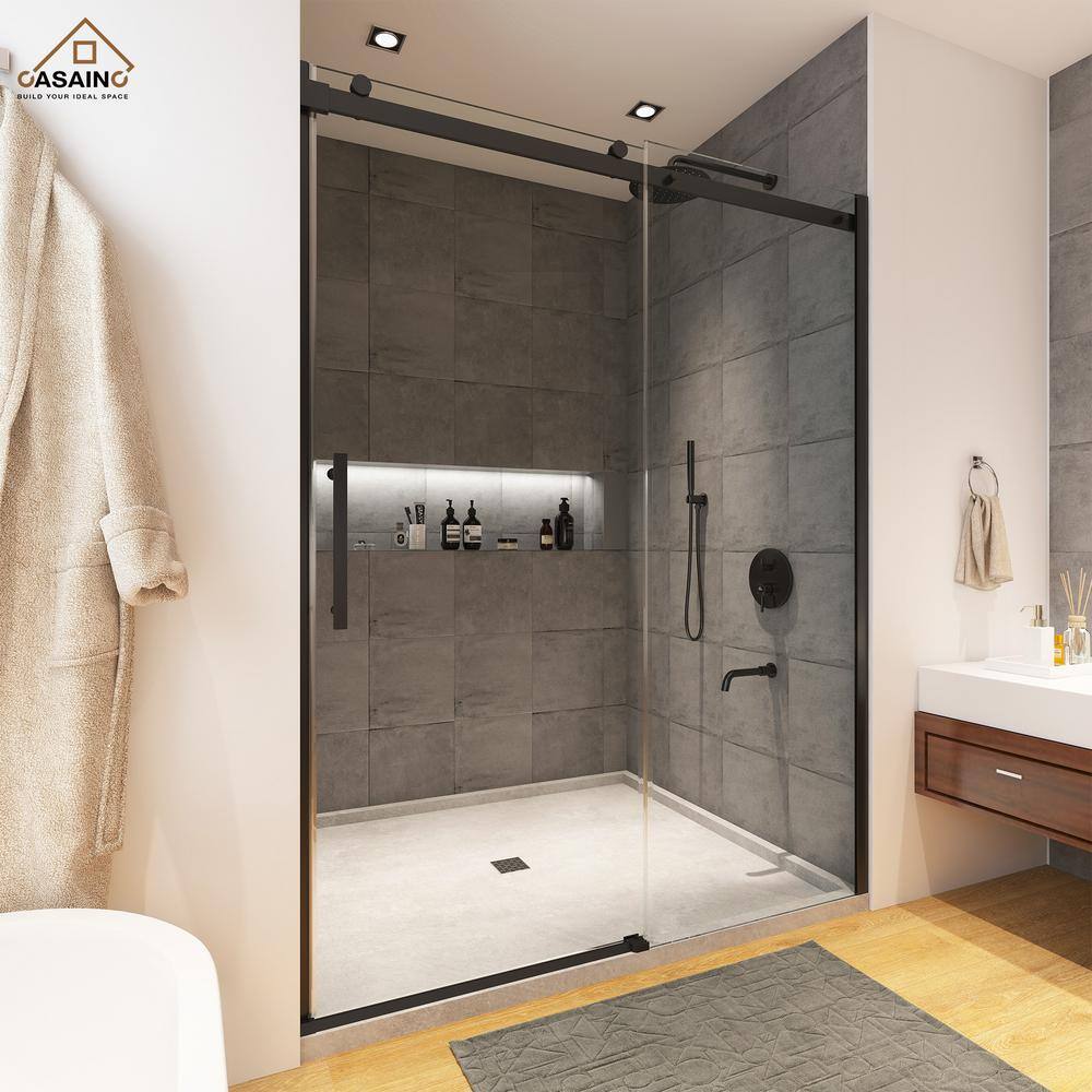 Matte Black Frameless Single Sliding Shower Door 48" x 76"