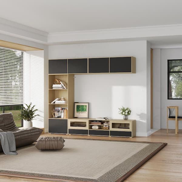 unico DIX TVボード W1800 FUFU&GAGA Oak and Black TV Stand Entertainment Center Fits TVs up