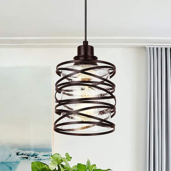 Henveton Jasslynn 60 Watt 1 Light Oil Rubbed Bronze Modern Pendant Light with Cylinder Seeded Glass Shade for Living Room Foyer