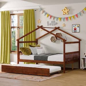 Walnut Full Size Wood House Bed Kids Bed with Twin Size Trundle