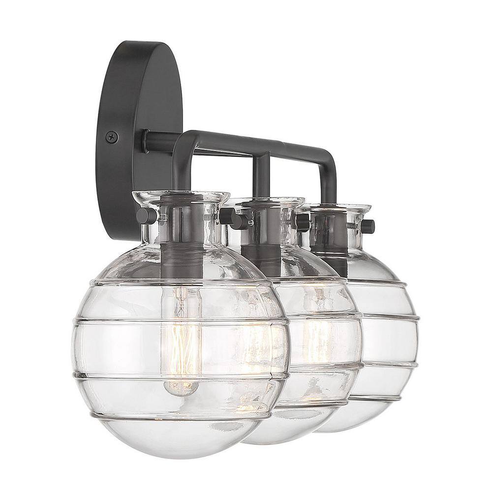 Matte Black 3-Light Vanity Light with Clear Swirl Glass Shades