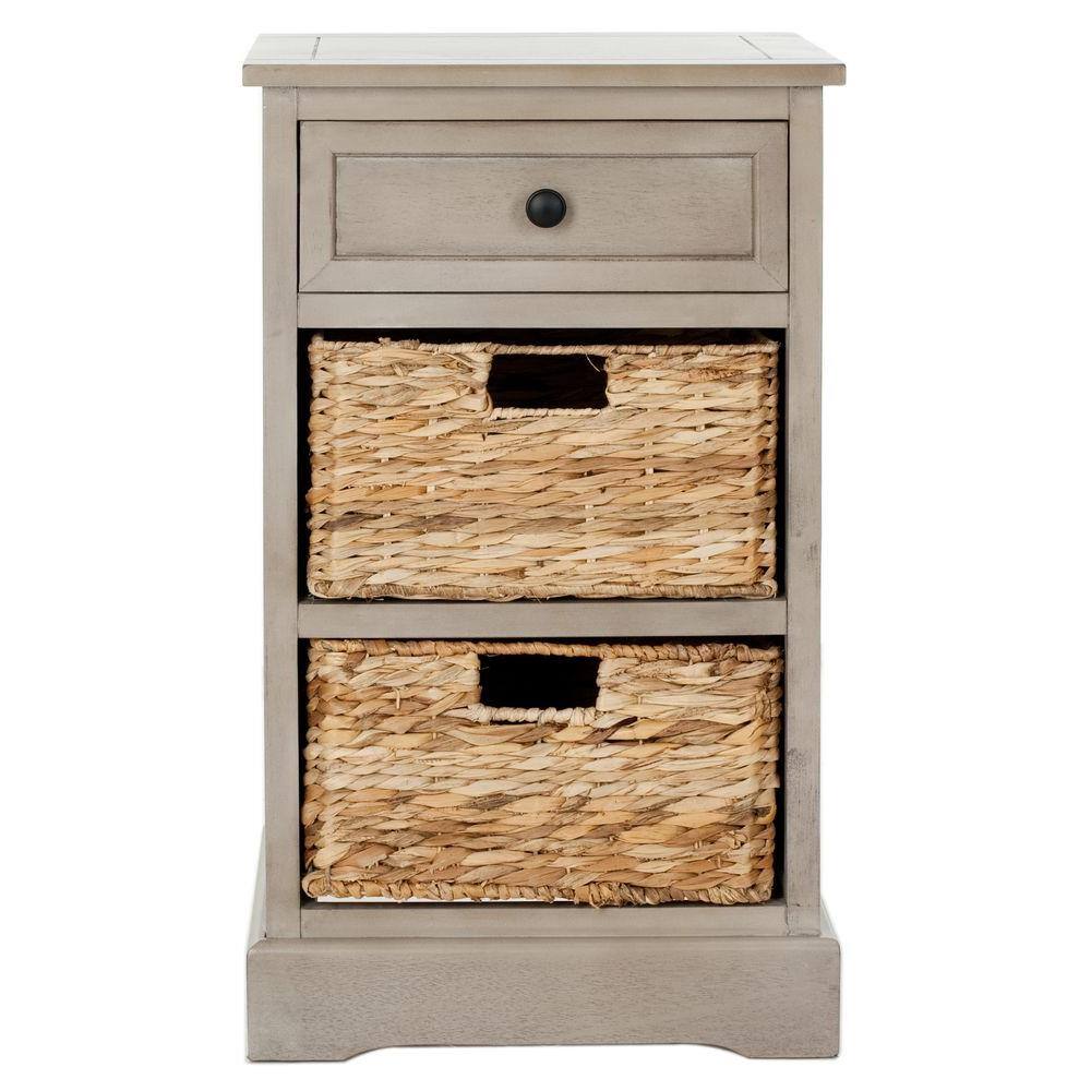 Transitional Vintage Gray Rectangular Pine Side Table with Storage