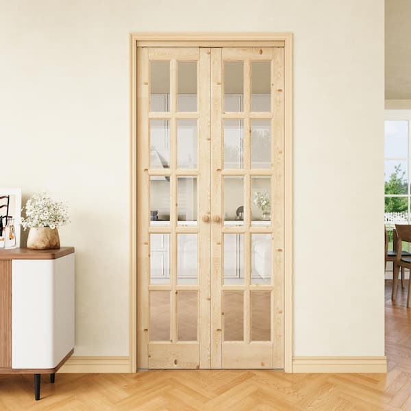 36 in. x 80 in. 10-Lite Clear Glass Solid Core Unfinished Pine Wood Bi-Fold Door or Pivot Door W/ 2-Type of Hardware