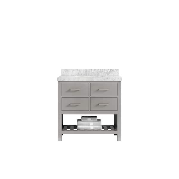 Willow Collections Parker 36 in. W x 22 in. D x 36 in. H Center Sink Bath Vanity in Elephant Gray with 2 in. Carrara Marble Top