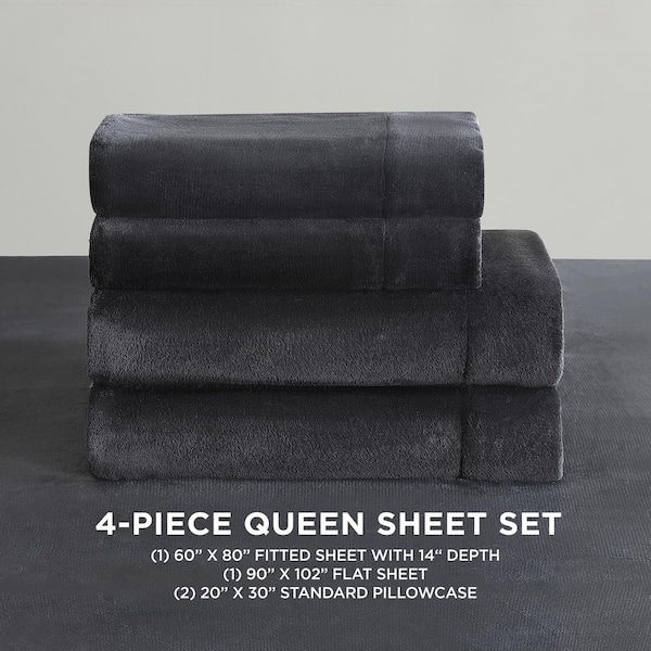 JUICY COUTURE 4-Piece Black Plush Microfiber Queen Sheet Set