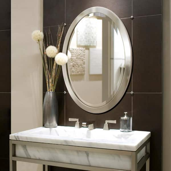 Deco Mirror 23 In W X 29 In H Framed Oval Beveled Edge Bathroom Vanity Mirror In Brushed Nickel 6295 The Home Depot