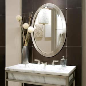23 in. W x 29 in. H Framed Oval Beveled Edge Bathroom Vanity Mirror in Brushed nickel