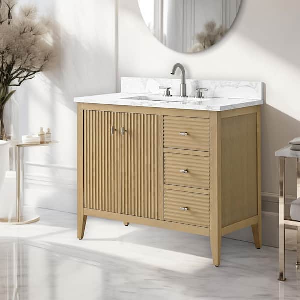 36 in. W x 22 in D x 38 in. H Single Sink Bath Vanity Cabinet in Linear Natural Oak with Engineered Marble Top