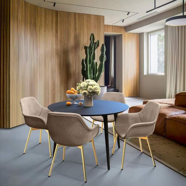 Markley Modern Leather Dining Arm Chair with Gold Metal Legs (Set of 4) in Taupe
