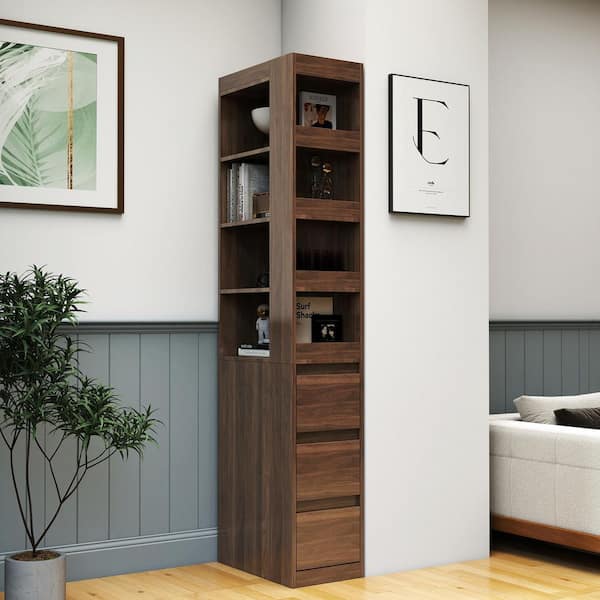 Polly Walnut Wood 70.9 in. Display Storage Cabinet with 4-Tier Shelf, 3 Side Drawers and 3 Small Display Shelves