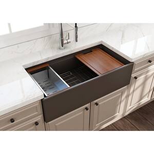 Step-Rim Matte Brown Fireclay 36 in. Single Bowl Farmhouse Apron Front Workstation Kitchen Sink with Accessories