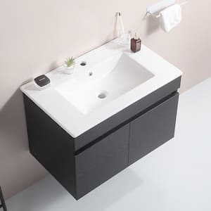 30 in. W Floating Single Sink Bath Vanity in Black with White Ceramic Basin Top, Two Soft Close Cabinet Doors