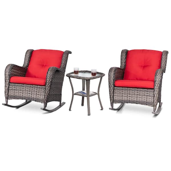 JOYSIDE 3-Piece Wicker Patio Outdoor Rocking Chair Set with Red Cushions