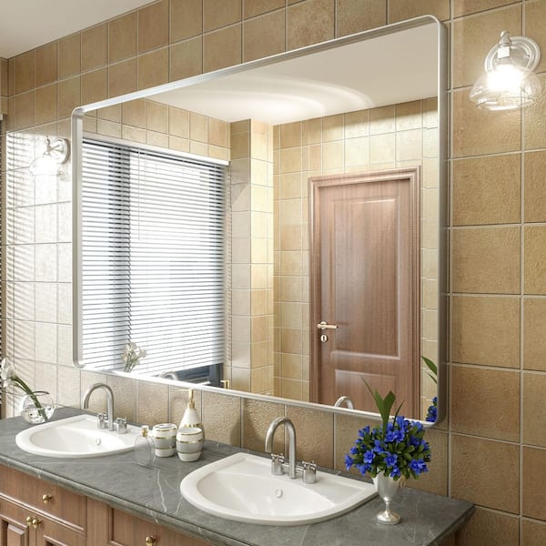 Apmir 60 in. W x 40 in. H Rectangular Aluminum Alloy Framed and Tempered Glass Wall Bathroom Vanity Mirror in Brushed Silver