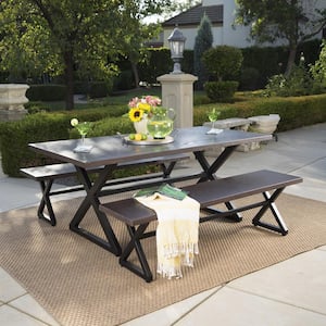 Black and Brown 3-Piece Metal Rectangular Outdoor Picnic-Style Dining Set