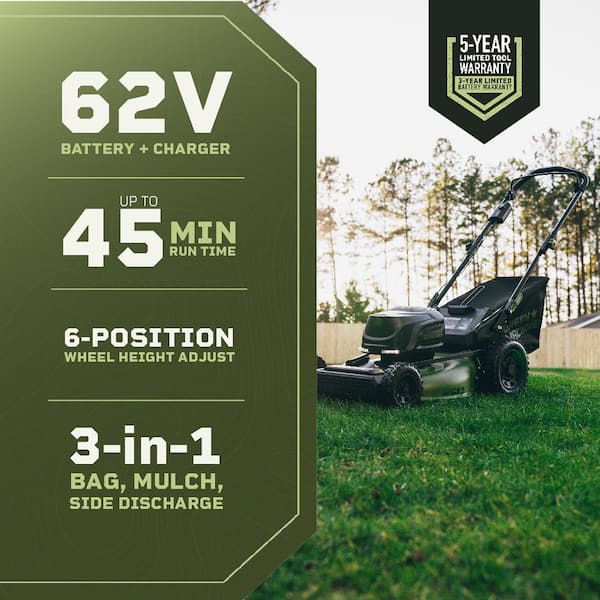 62V Cordless 3-in-1 High Wheel Push Walk Behind Mower, Brushless 22 In. Cutting Width with 4Ah Battery and Rapid Charger