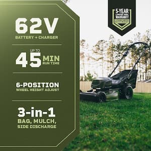 62V Cordless 3-in-1 High Wheel Push Walk Behind Mower, Brushless 22 In. Cutting Width with 4Ah Battery and Rapid Charger
