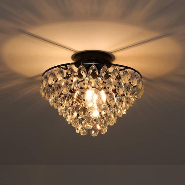 HUOKU Cristal 1-Light 12.6 in.W Matte Black Semi Flush Mount