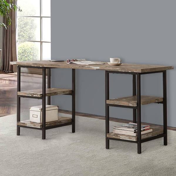 benjara wood and metal desk with 2 shelves brown