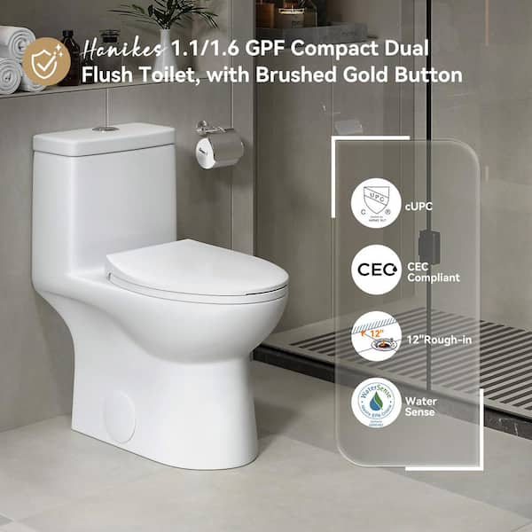 Dual-Flush 1.1 GPF/1.6 GPF Elongated One-Piece Toilet in White Soft Closing Seat High-Efficiency Water Sense Dual-Flush 1.1 GPF/1.6 GPF Elongated One-Piece Toilet in White Soft Closing Seat High-Efficiency Water Sense