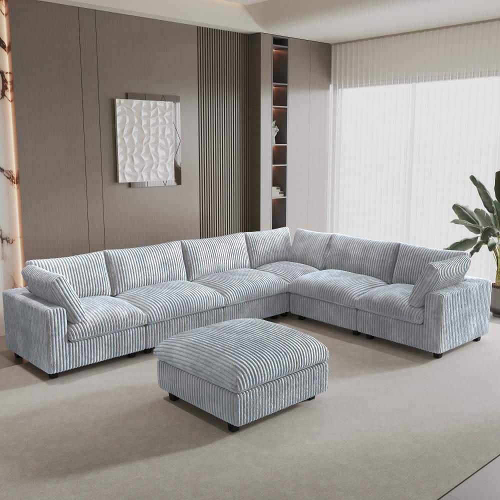 157.48 in. W Square Arm 7-piece Plush Velvet Modular Sectional Sofa with Ottoman, Removable Washable Covers in. Gray